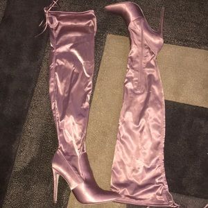 Over the knee high heel satin pink/purple boots.